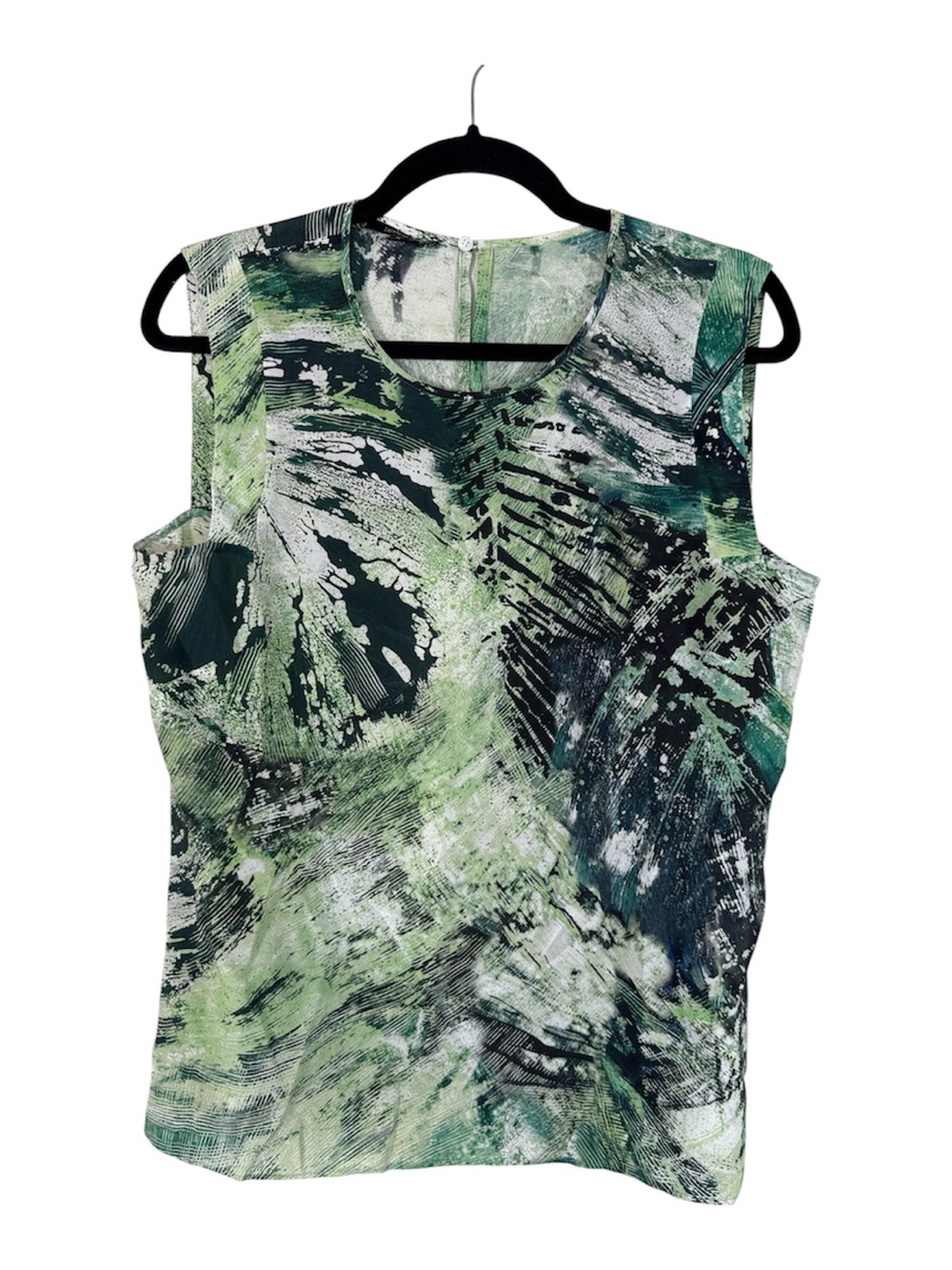 Lafayette 148 Green Silk Abstract Print Blouse Womens 10 Sleeveless Luxury Top